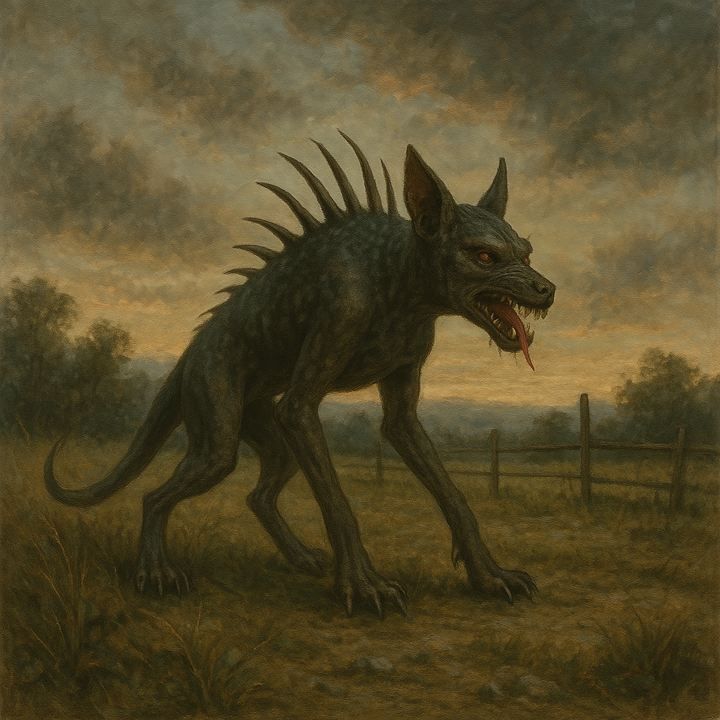 A menacing Chupacabra standing in a rural field at sunset, with spiked back and glowing red eyes.