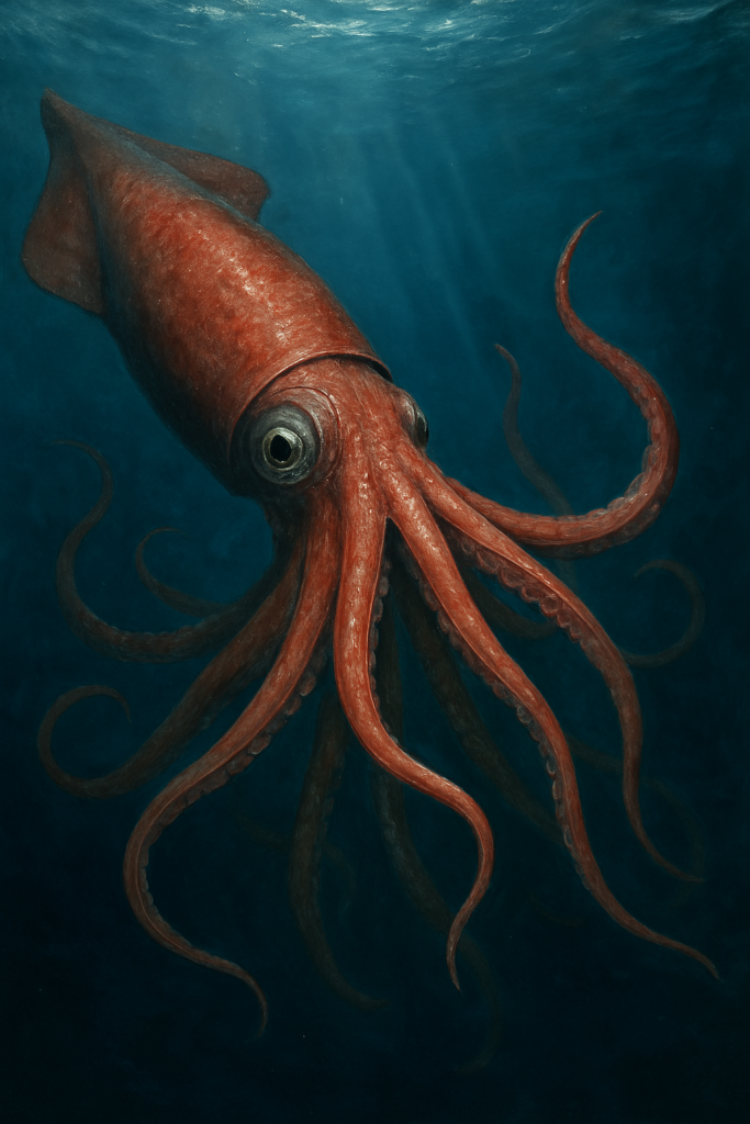 An underwater scene of a giant squid with long tentacles and a large eye, drifting through the deep ocean.