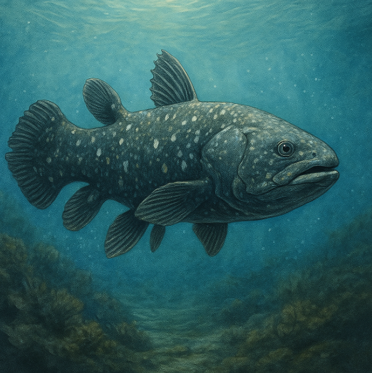 A realistic underwater illustration of a coelacanth swimming near a rocky seabed in deep blue waters.