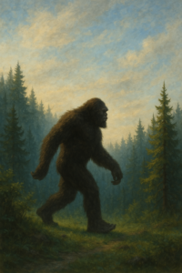 A realistic painting of Bigfoot walking through a misty forest at dusk, surrounded by tall evergreen trees.