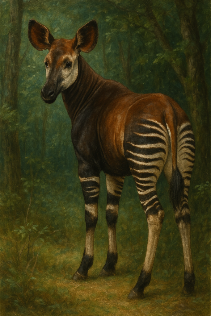 A traditional painting of an okapi standing in a lush green forest, showing its striped legs and dark brown body.
