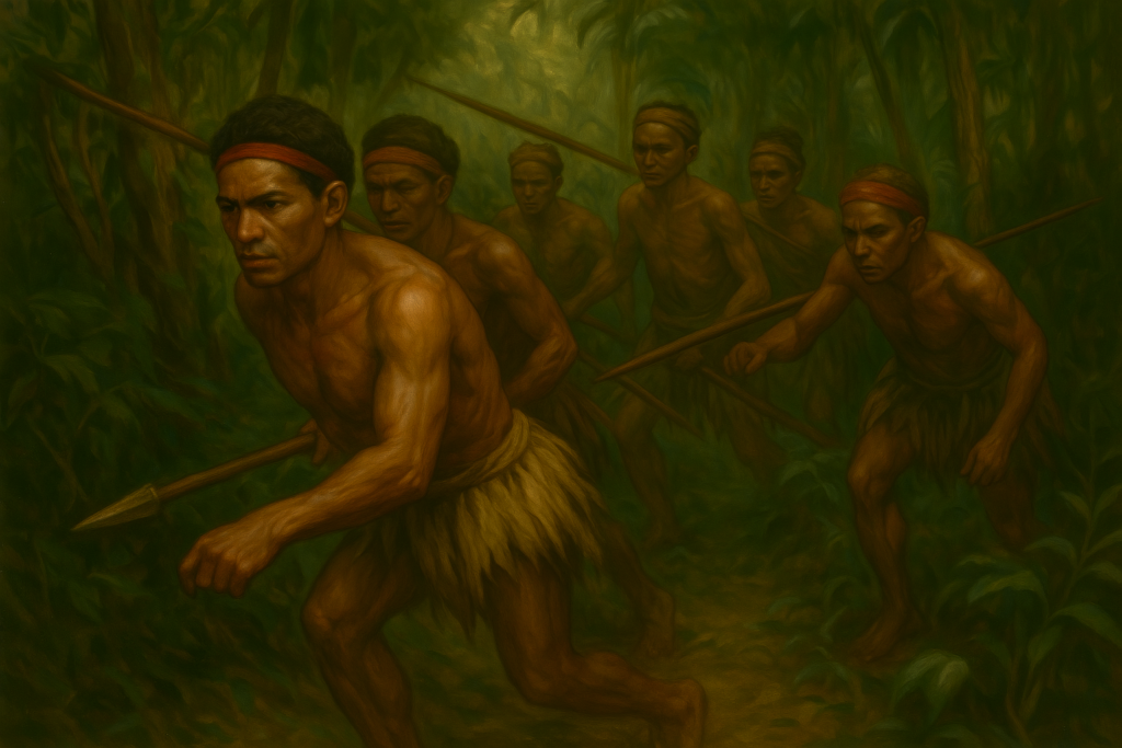 Members of the Fore tribe hunting in the dense jungle of Papua New Guinea, armed with traditional spears and wearing local attire, during the 1950s.