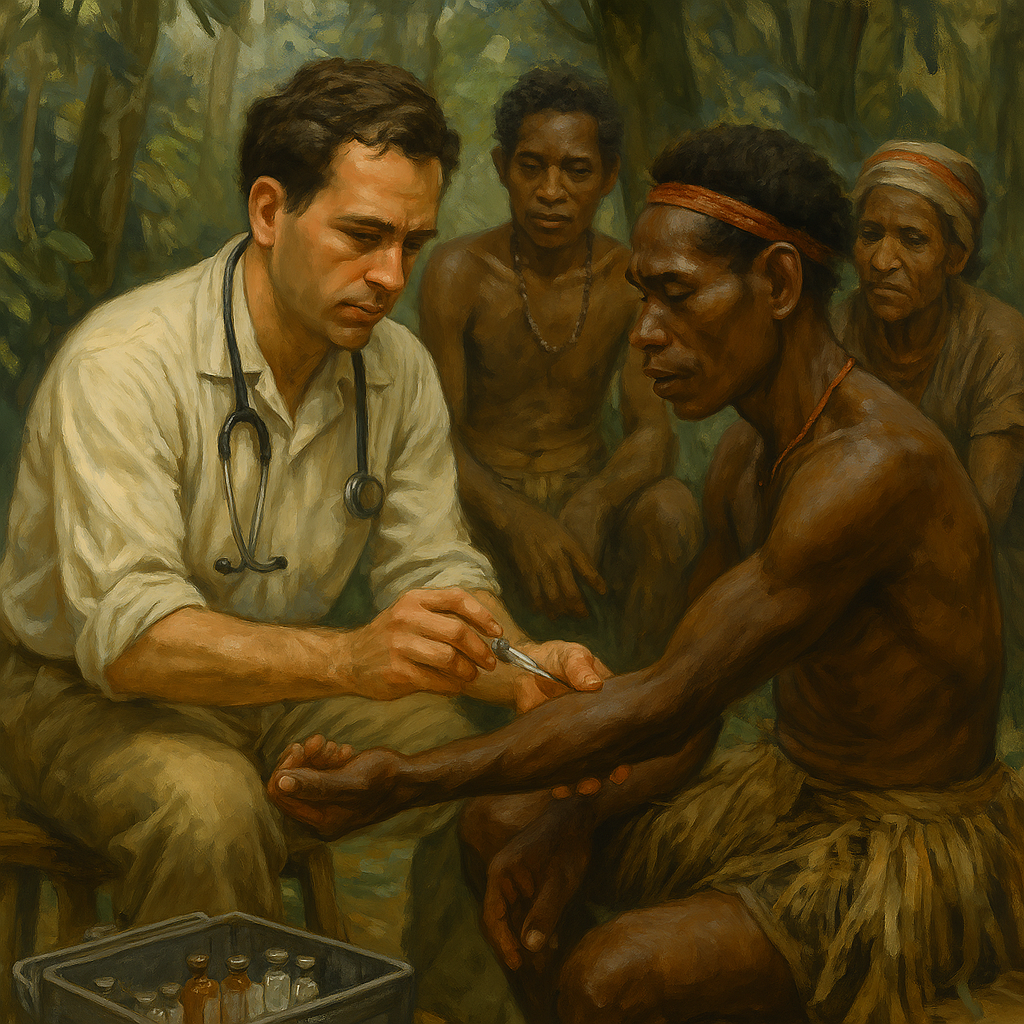 Daniel Gajdušek collecting tissue samples from the Fore tribe in Papua New Guinea during the 1950s, as part of his research into kuru disease.
